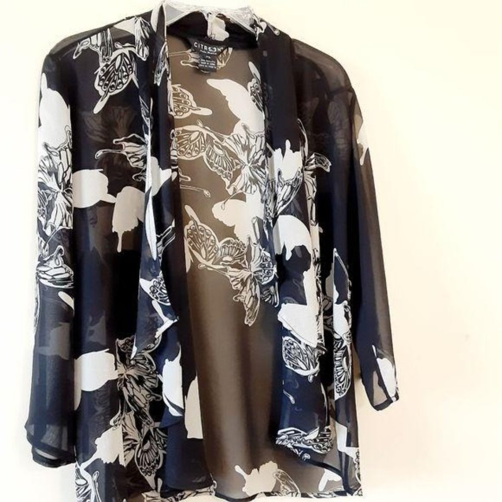 Citron Sz S Silk Butterfly Print Open Short Sheer Duster Dressy Office Cruise - Picture 7 of 7